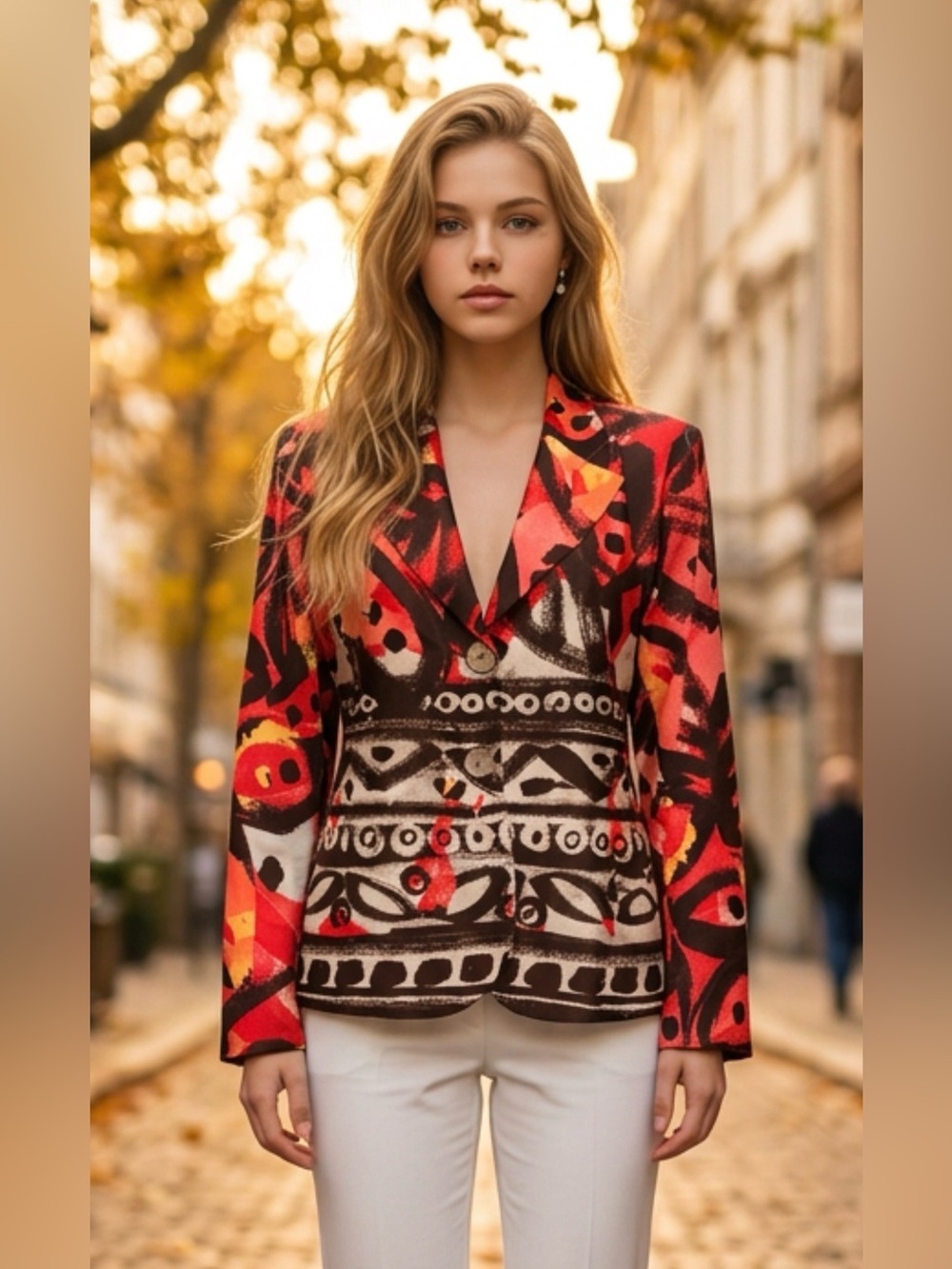 Women's Red & Black Patterned Single-Breasted Blazer
